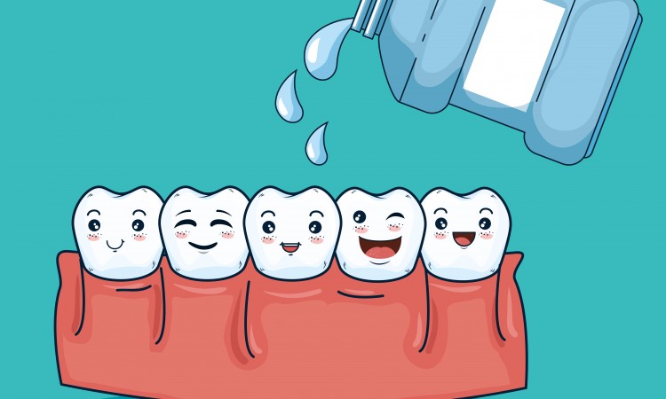 teeth hygiene halthcare with mouthwash medicine vector illustration